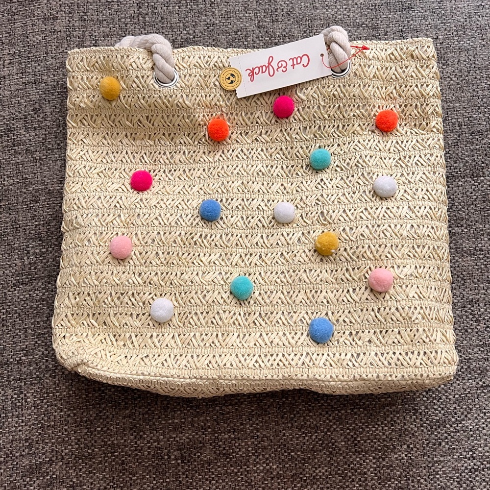 Cat & Jack Beach Straw Bag Rope Handle with Pom Poms New with Tags - Picture 2 of 4